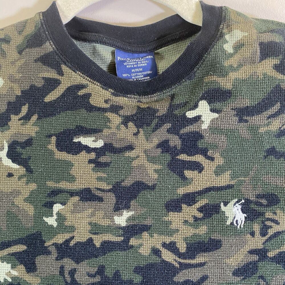 Polo Ralph Lauren Shirt Mens Medium Green Camo Thermal Waffle Knit Sleepwear